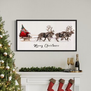 Arte de parede em tela "Feliz Natal do Papai Noel" | Impressão de pôster de Papai Noel no trenó com renas | Decoração festiva de fim de ano
