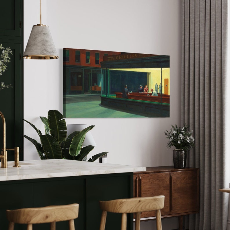 May include: A painting of a diner scene at night, with the sign "PHILLIES" above the window. There are four people sitting at the counter, and the diner is lit up with warm yellow light.