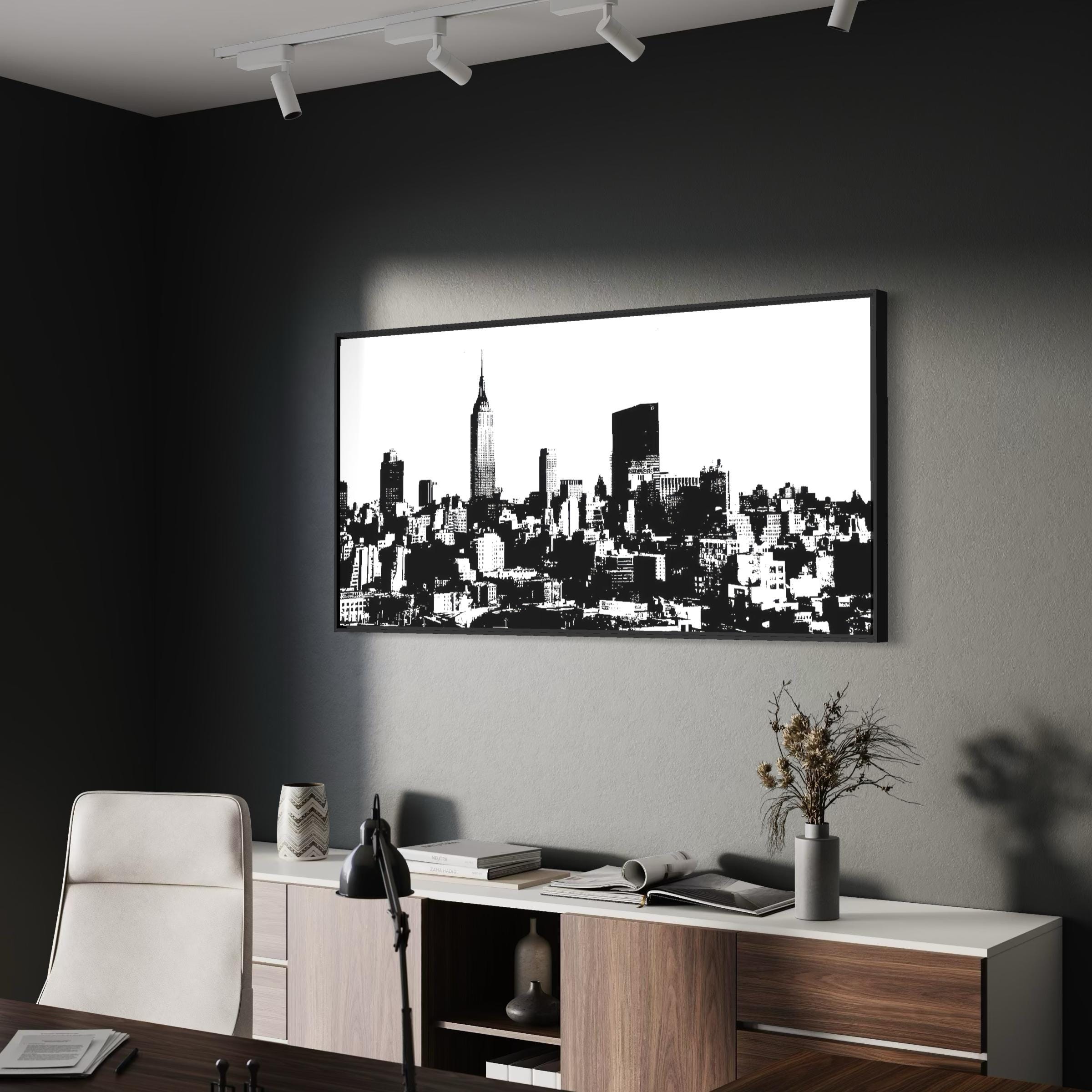 New York Wall Art Framed Canvas Poster, Black White NYC Skyline ...