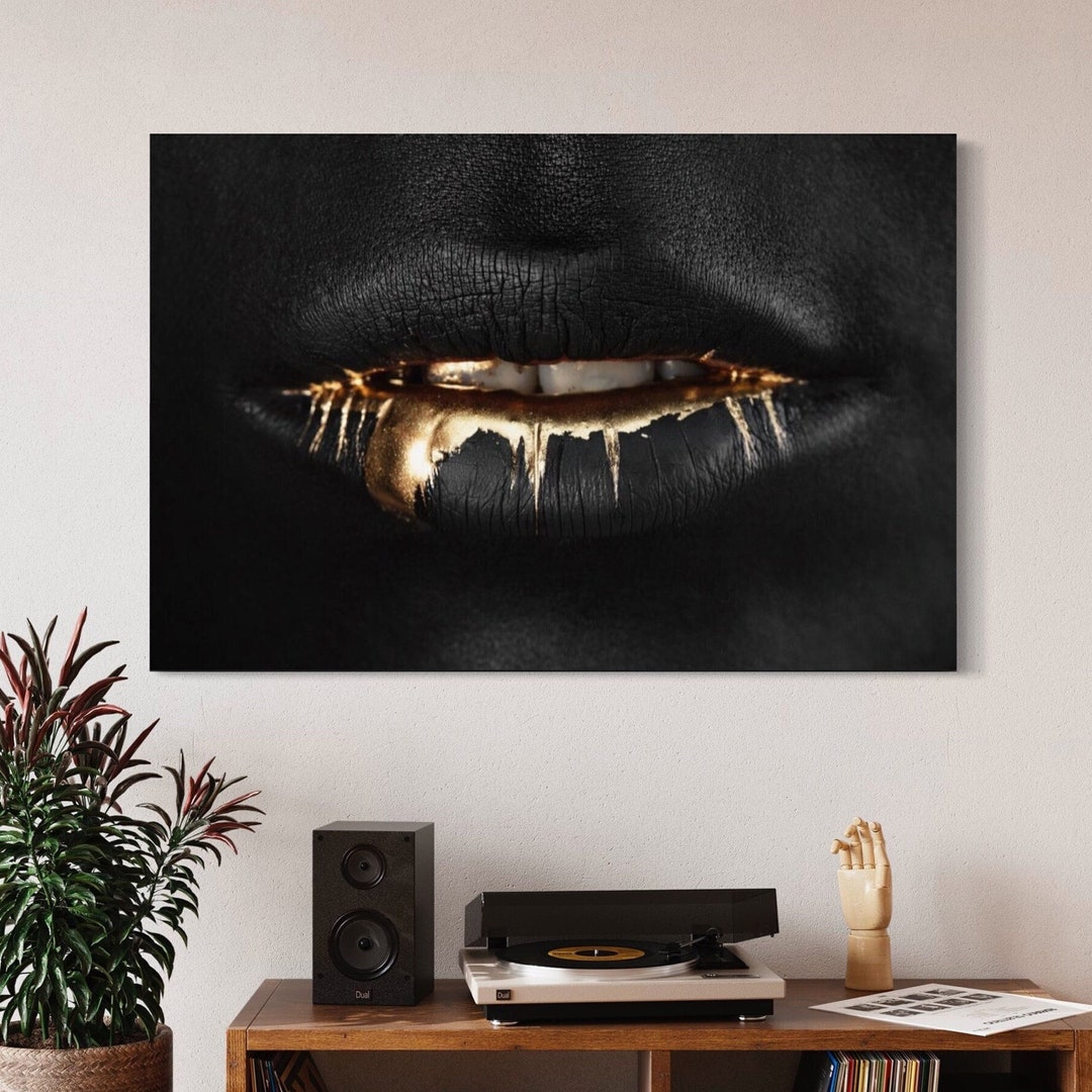 Golden Lips Glamorous Gold & Black Lips Canvas Wall Art Print, Modern