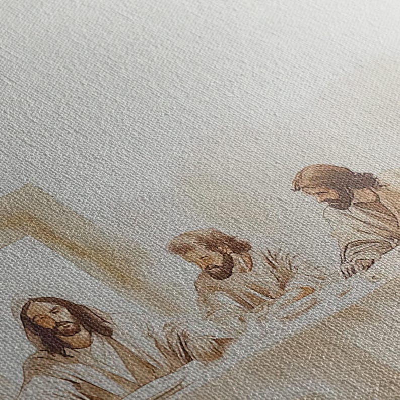 May include: A sepia-toned image depicting three figures with long hair and beards, dressed in robes. The image has a textured, linen-like background, and the figures are positioned in a religious scene.