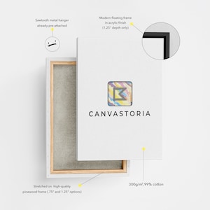 May include: A white canvas print stretched on a wooden frame with a sawtooth hanger attached. The print features the text "CANVASTORIA" in a colorful font. The canvas is made of 300g/m&sup2;, 99% cotton.