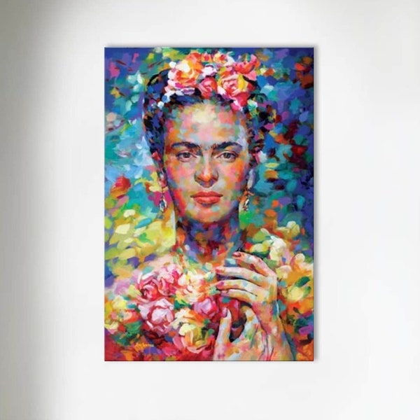 Frida Kahlo Art Canvas - Frida Kahlo & Bunch of Head Flowers/Printed Picture Home Decor Wall Art Decoration CANVAS READY to Hang