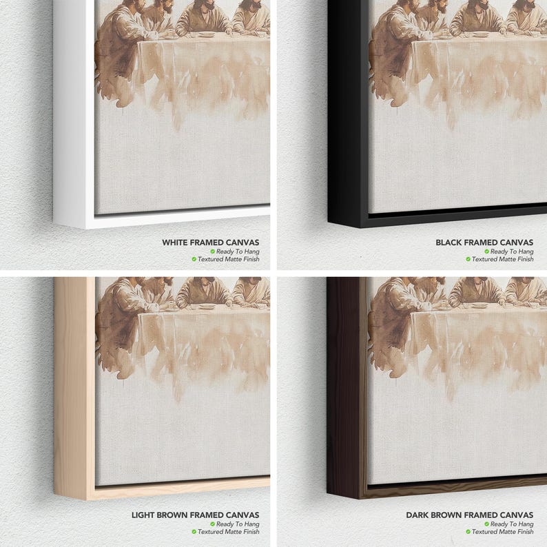 May include: Four framed canvas prints displaying a sepia-toned religious scene. The frames are white, black, light brown, and dark brown. Each canvas is labelled "Ready To Hang" and has a "Textured Matte Finish".