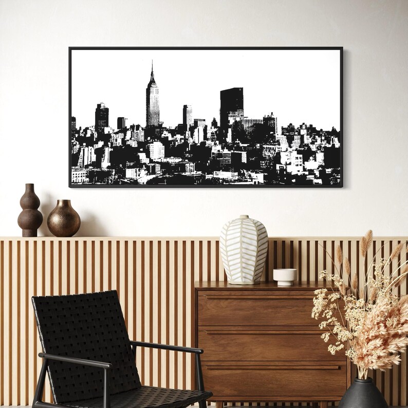 New York Wall Art Framed Canvas Poster, Black White NYC Skyline ...