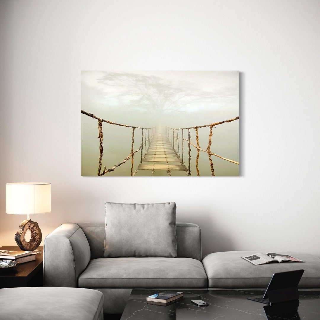 Rope Bridge Canvas Wall Art Suspension Bridge in the Foggy Etsy