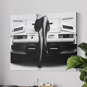 Lamborghini Girl Canvas Wall Art / Poster Print, Automotive Lovers Black and White Office & Home Interior Decor