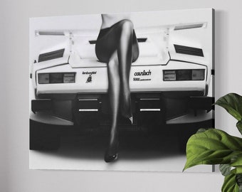 Lamborghini Girl Canvas Wall Art / Poster Print, Automotive Lovers Black and White Office & Home Interior Decor