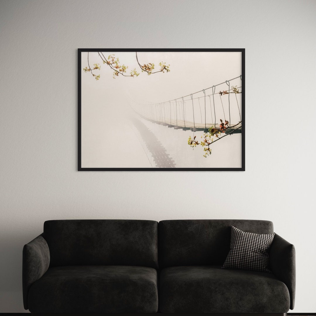 Rope Bridge Canvas Wall Art Suspension Bridge in the Foggy Forest