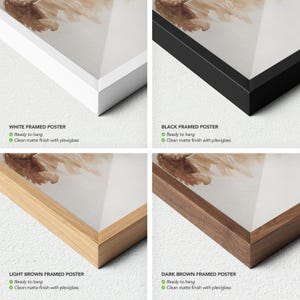May include: Four framed posters with abstract art. The frames are white, black, light brown, and dark brown. Each poster has the text "Ready to hang" and "Clean matte finish with plexiglass". The artwork features beige and brown watercolor-like strokes.