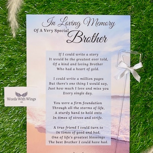 May include: A memorial card with a poem titled "In Loving Memory Of A Very Special Brother." The card features a beach scene background and is paired with a small sign and a clear acrylic stake with a white bow. The Words With Wings UK logo is visible.