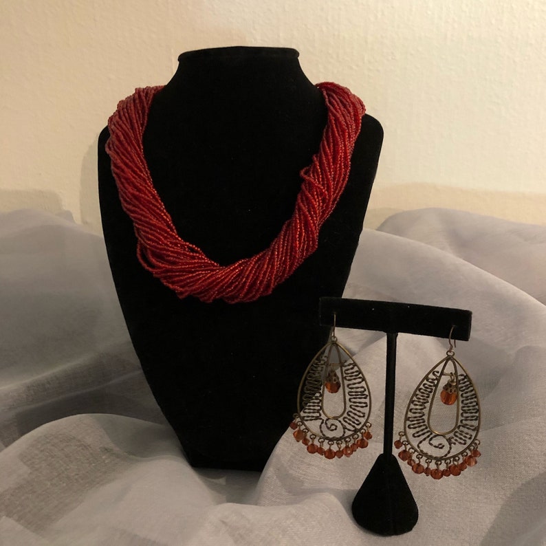 Ruby Red Rolled Bead Necklace and Earrings