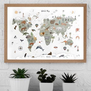 Carte sur le thème des animaux pour enfants à suspendre, carte pour chambre d'enfants, carte du monde tapisserie, carte du monde avec des animaux, art mural pour l'école à la maison