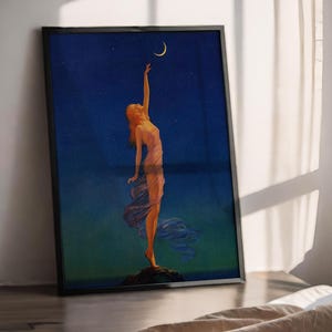 Reach for the Moon Vintage Art Print – Celestial Woman Illustration – Starry Night Wall Decor – Mystical Boho Poster for Home