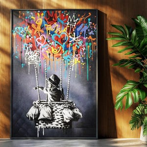 Banksy-ballon urban street art muurafdruk – kleurrijke graffiti poster swingmeisje, modern pop-art woondecoratie, eigentijds muuraccent