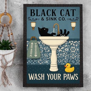 Pôster &quot;Gato Preto Lave as Patas&quot;, Impressão de Decoração para Banheiro, Arte de Parede Vintage com Imagem de Animal, Decoração de Banheiro, Lavatório para Pia de Gato Preto