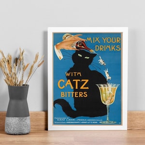 Catz Bitters Print, Vintage Getränke Poster, Schwarze Katze Wandkunst, Bar Wanddekor, Spirituosen, DIGITALER DOWNLOAD, DRUCKBARE Wandkunst