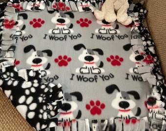 18x18  DOG BLANKET , Knotted, No-Sew Fleece Blanket with White Paws on Black or Solid Black on Reverse Side