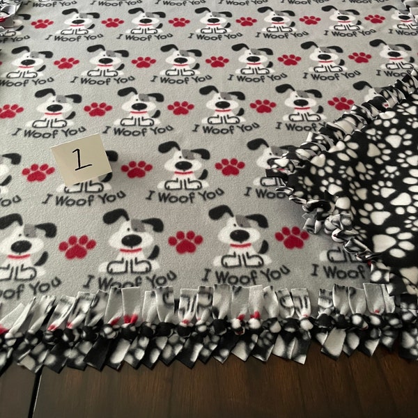 48"x 38" NO SEW FLEECE Knotted Blanket, Adult Lap Blankets..Knotted Fleece Dog Themed Blankets for your Selection  or Large Dog Blanket