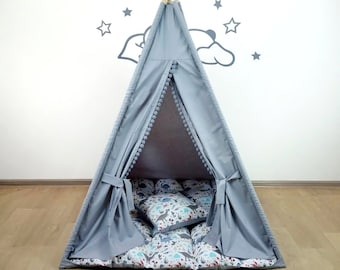 Gray tent with dino Playhouse Reading nook Canopy tent