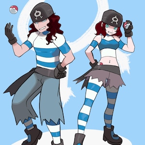 Puede incluir: Dos personajes de dibujos animados que llevan atuendos a rayas azules y blancas y sombreros negros con un símbolo en la parte delantera. Los personajes están de pie sobre un círculo blanco sobre un fondo azul claro.