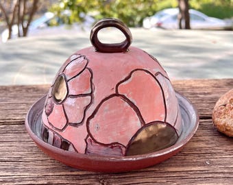 Handpainted pink floral butter dish,Colorful Ceramic Butter Dish with Lid,cheese bell,Handmade pottery butter keeper,butterdose