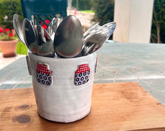 Ceramic White  utensil holder ,Utensil jar,Hairbrush holder,utensil crock, kitchen utensils ,Country kitchen decor,Cutlery holder