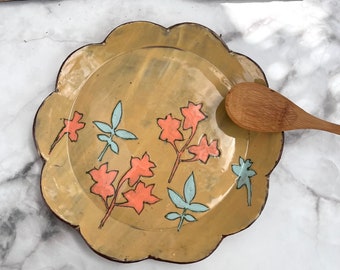 Cake serving plate,Vintage inspired Naive flower serving plate,Farmhouse rustic decor,Decorative dish ,Cheese plate ,