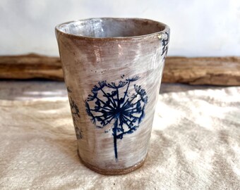 Rustic blue ceramic floral cup ,14oz. ceramic cup,farmhouse pottery pottery mug,Ceramic wine cup ,Dandelion tumbler , wine tumbler.