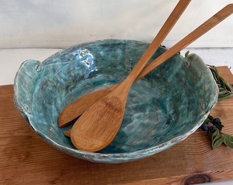 Patina blue serving bowl,Turquoise Salad bowl,Large pottery bowl,Ceramic decorative bowl,Rustic decor,french country