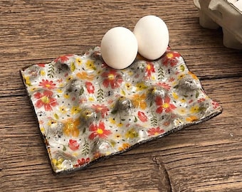 Floral Rustic Ceramic 12 egg tray ,handmade egg holder countertop ,vintage egg holder,Ceramic egg carton,cottage core