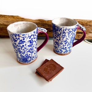 Blue willow Victorian mug ,Floral country mug ,Grandma mug,Cappuccino cup ,Rustic handmade  stoneware mug ,Shabby chic pottery