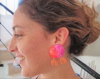 Pink and orange earrings ,Summer jewellery,flatback earrings, pink and orange jewelry, drop earring studs, kitschy studs