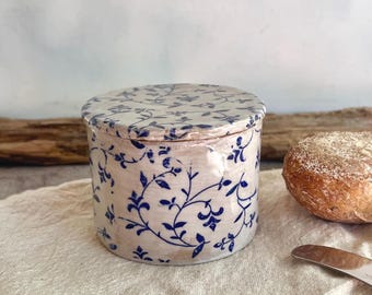 SECOND,Blue floral butter dish ,French butter crock, foral butter dish,Pottery butter storage ,French butter keeper,Butter crock with lid