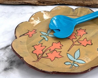 Vintage inspired Naive flower serving plate,Mid Century modern board ,Large Ceramic handmade serving plate ,Decorative dish ,Cheese plate ,