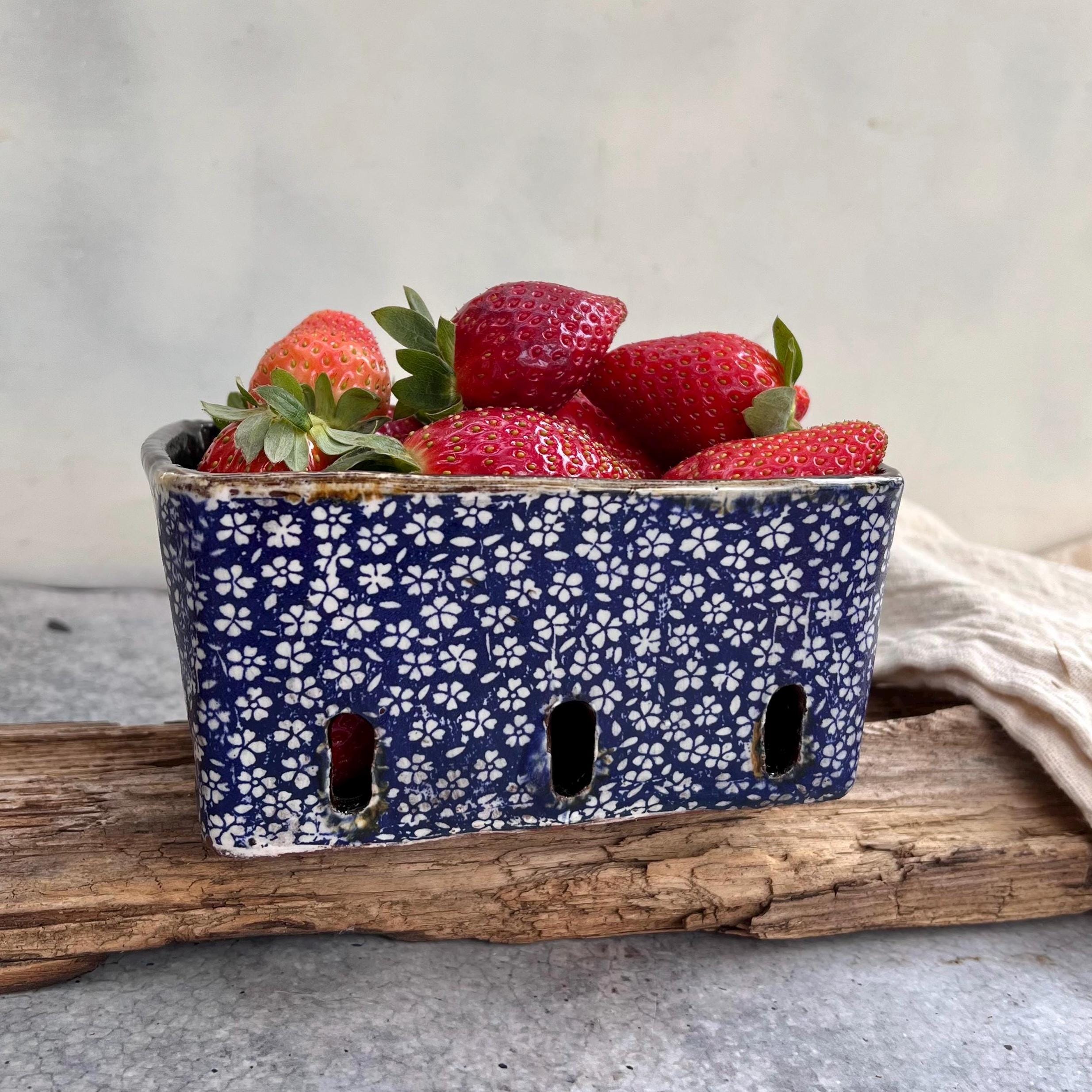 Blue floral berry basket,ceramic berry bowl,pottery fruit bowl ,french country,rustic decor,egg holder,gift for mom,Easter basket