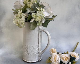 White rustic ceramic vase, White farmhouse vase,Tall vase,white pitcher,Carafe,MADE TO ORDER