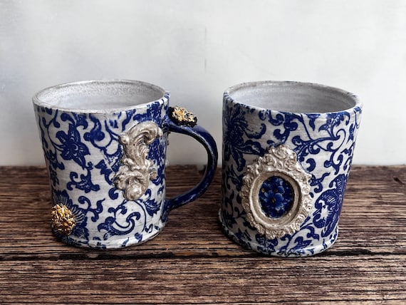 Handmade Blue Willow Coffee Mug: 22K Gold Ceramic Mug