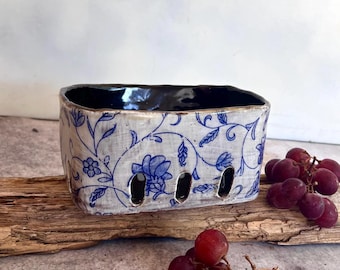 Blue floral berry basket,Organic rustic ceramic berry bowl,pottery fruit bowl ,french country,rustic decor,egg holder,gift for mom