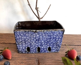 Rectangular blue floral berry basket,ceramic berry bowl,pottery fruit bowl ,french country,rustic decor,egg holder,gift for Christmas