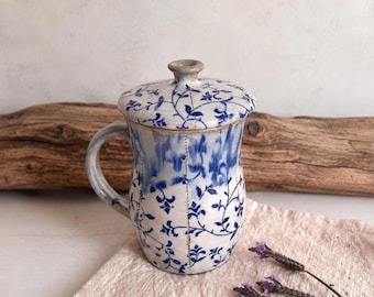 Handmade lidded tea mug,Blue white ceramic tea cup,Tea cup with lid,Floral pottery,Cottagecore,coffee mug,Rustic cottage kitchen gift