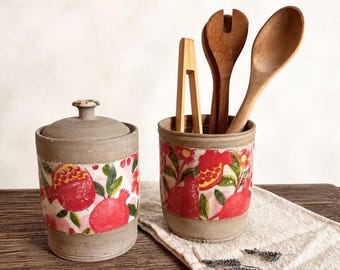 Farmhouse Kitchen Canister Set, Ceramic Utensil Holder, Rustic Kitchen Decor, Handmade Pottery, Spoon Holder, Kitchen Organizer