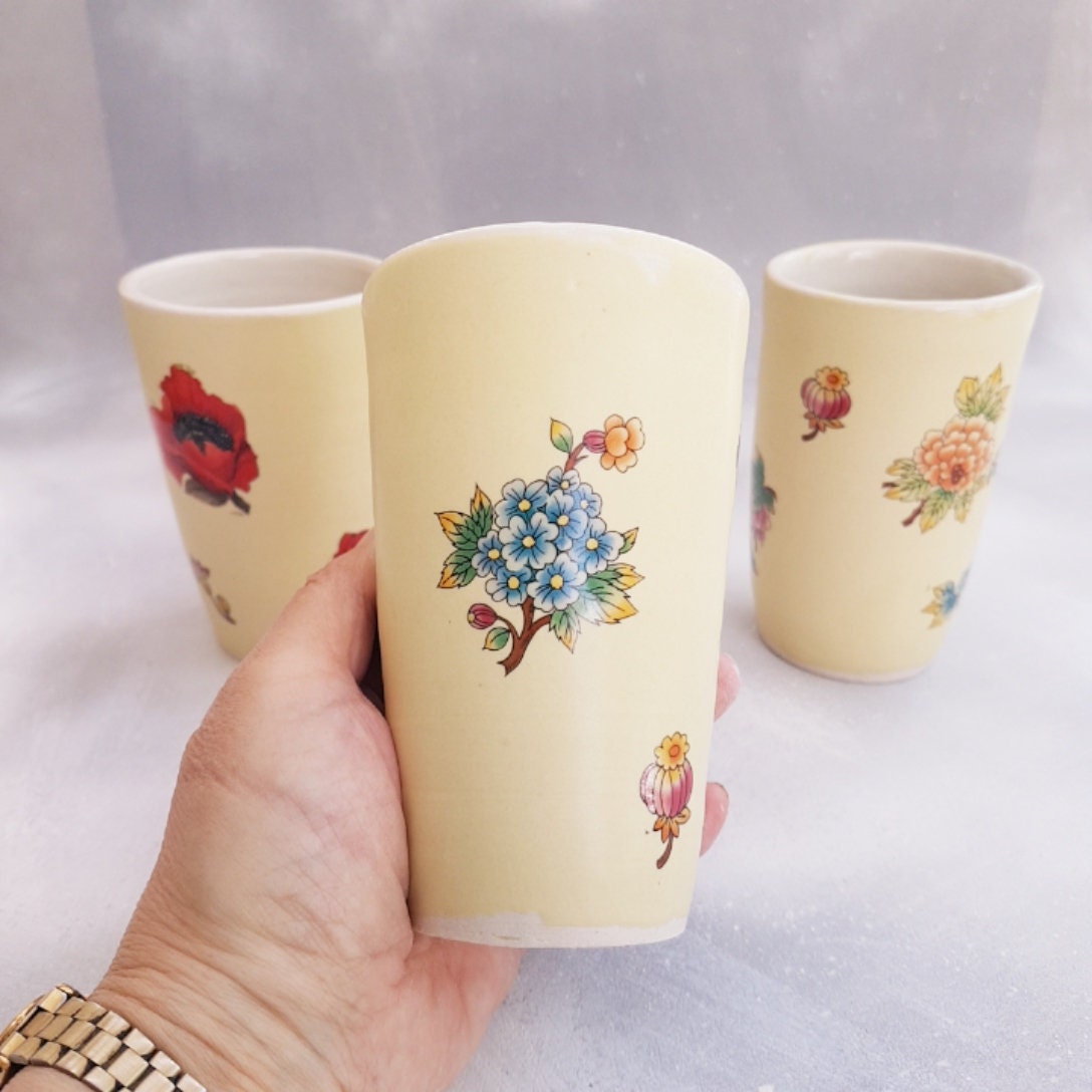 Yellow pottery mug floral ceramic cup no handle mug Etsy