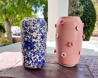 Elegant blue willow  vase ,7.5" ,Victorian vase,pastel Vase , Handmade tall vase ,pottery vase,blue and white vase