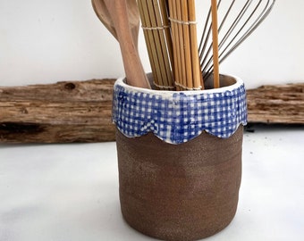 Decorative rustic utensil crock,Utensil jar,handmade, pottery ,Cutlery holder,kitchen utensils ,Country kitchen decor.