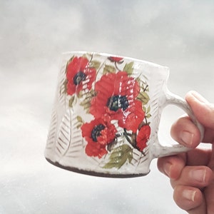 Mugs handmade cute with poppies ,Cappuccino mug,Red flower mug ,Country pottery ,Rustic white mug,Embossed ceramic