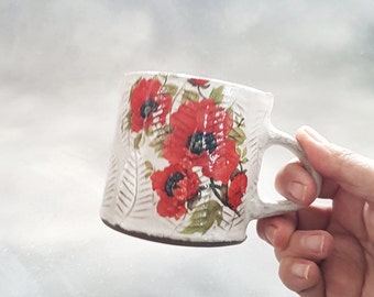 Mugs handmade cute with poppies ,Cappuccino mug,Red flower mug ,Country pottery ,Rustic white mug,Embossed ceramic