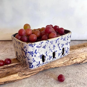 Blue flowers fruit bowl,large berry basket ,Organic rustic ceramic berry bowl, ,french country,rustic decor,egg holder,gift for mom