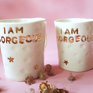 Handmade Embossed Porcelain Mug: White & Gold Celestial Coffee Cup