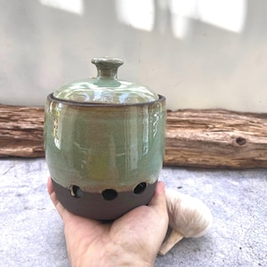 Op de afbeelding: Een groene keramische knoflookpot met een deksel en gaten in de bodem. De pot staat op een hand.